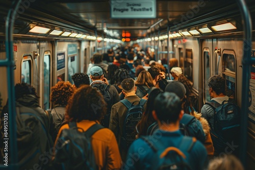 Multiple individuals walk inside subway train