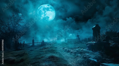 Halloween background with dark clouds,moon and cemetary in blue color