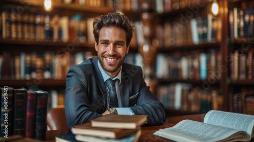 content lawyer in a sophisticated law firm, confidently reviewing case files with a smile, surrounded by legal books and a dedicated team, reflecting dedication and joy in justice and advocacy