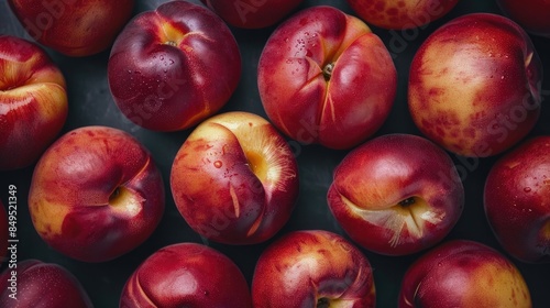 Close up of multiple organic nectarines on a dark backdrop