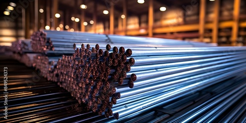 Aluminum rods stored in a warehouse for remelting into various metal products. Concept Metal Recycling, Warehouse Management, Remelting Process, Raw Materials Storage, Manufacturing Industry