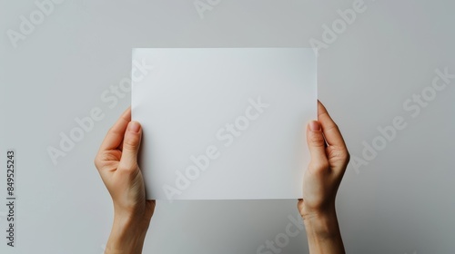 Hands firmly holding a blank sheet of paper, white background, studio lighting, focus on detailed skin texture, minimalist composition