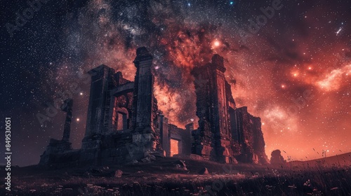 A haunting image of ancient ruins against a backdrop of a fiery, star-filled night sky.