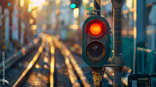A red traffic light is lit up in the foreground of a train track