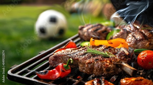 Summer outdoor barbecue with grilled steaks and football match