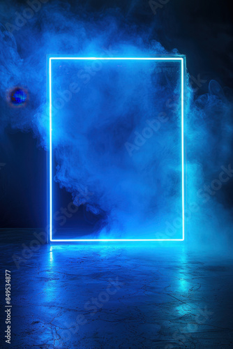 Mesmerizing blue neon frame radiates a vibrant glow on a sleek concrete floor, contrasting with swirling smoke. Stand out in the darkness with this versatile template