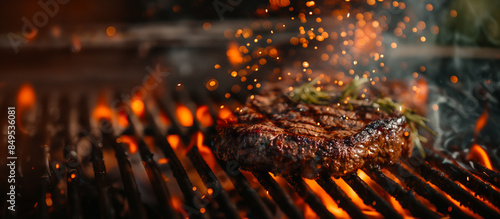 A juicy steak grilling over flames with herbs on top, ideal for BBQ parties, summer holidays, and Father's Day celebrations