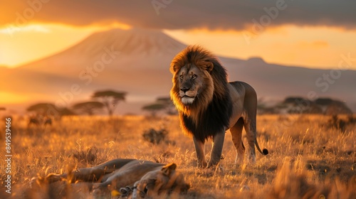 A lion (Panthera leo) resting on a termite mound at sunset