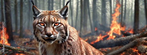A lynx is trapped in a fire of a burning forest. The lynx is looking for a way out. Natural disaster, wildlife and wildfire concept. 
