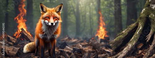 A red fox is trapped in a fire of a burning forest. The red fox is looking for a way out. Natural disaster, wildlife and wildfire concept. 