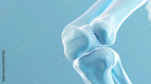 highly detailed human knee joint. The focus is on the bones of the knee, specifically the femur, tibia, and fibula, with the patella (kneecap) visible at the front