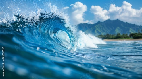 Vivid turquoise barrel wave breaking in crystal-blue ocean near lush green mountain under clear sky with fluffy white clouds.