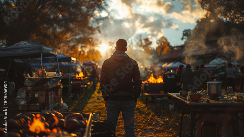 American Football Fan Enjoying A Tailgate Event At Sunset