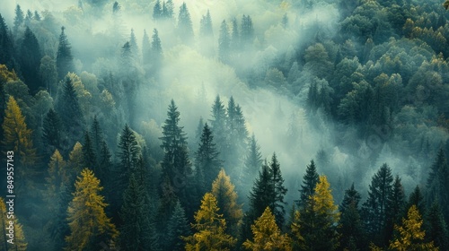 Stunning mist covered forest scenery in high elevation mountains