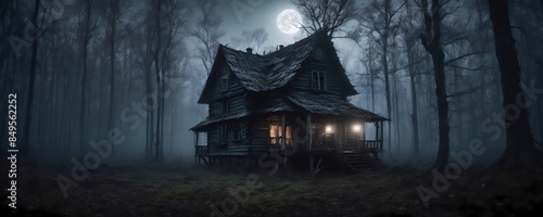 scary haunted house in forest during night. Extremely detailed and realistic high resolution illustration