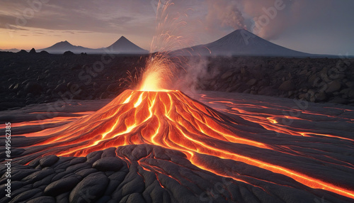 Realistic AI-generated photograph of a fiery magma flow on a volcanic mountainside