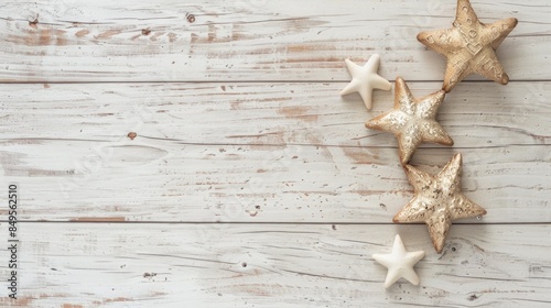 Mockup of Christmas star on a white wooden surface for text placement Overhead view flat arrangement