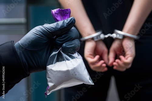 Hand holding bag of white powder with purple zipper, blurred handcuffed person background