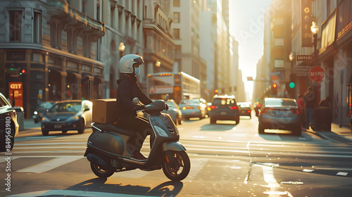 A man on a motorcycle is riding down a busy city street