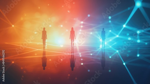 Equality in AI ethics depicted by light beams linking human and AI figures. Equality in ai ethics