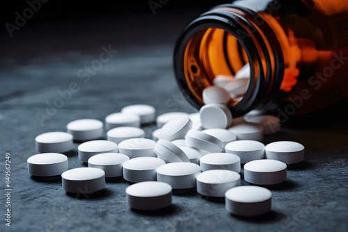 White tablets spill on dark surface, amber bottle in background, pills scattered