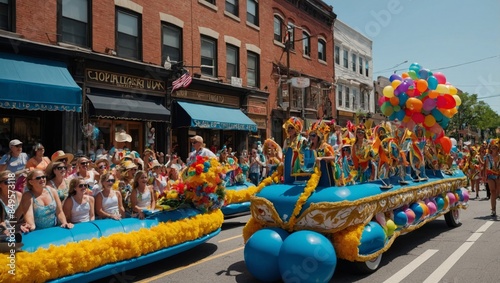 vibrant summer parade with colorful floats, marching bands, and enthusiastic spectators