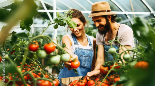 Happy couple harvesting ripe tomatoes together in a greenhouse.