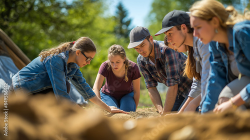 A group of students on a field trip observing an archaeological dig with a guide explaining the findings.