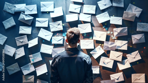 Man contemplating numerous letters pinned on a wall, symbolizing communication and planning.