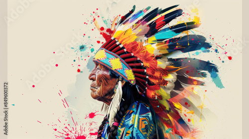 Indigenous elder adorned in a vibrant traditional headdress. Concept for Native American Day, Native American Heritage Month and International Day of the World's Indigenous Peoples.
