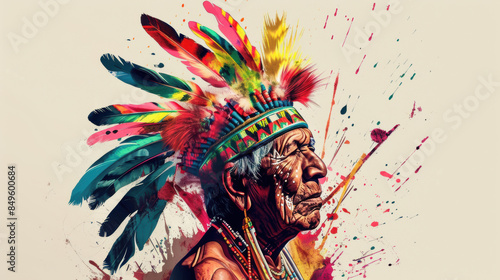 Indigenous elder adorned in a vibrant traditional headdress. Concept for Native American Day, Native American Heritage Month and International Day of the World's Indigenous Peoples.