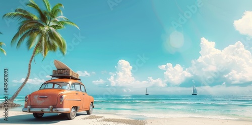 A vintage orange car with a surfboard on the roof parked on a tropical beach next to a palm tree. The serene ocean and blue sky provide ample copy space, ideal for travel and vacation themes