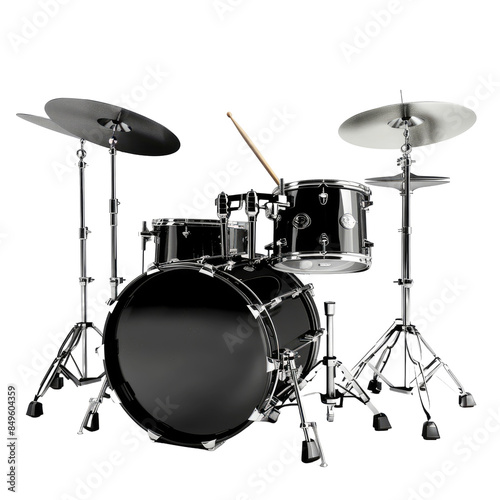 Black and silver drum kit on white background 