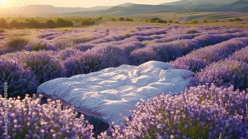 A bed amidst a lavender field at sunset provides a picturesque and abstract wallpaper or background, invoking tranquility for best-seller visuals