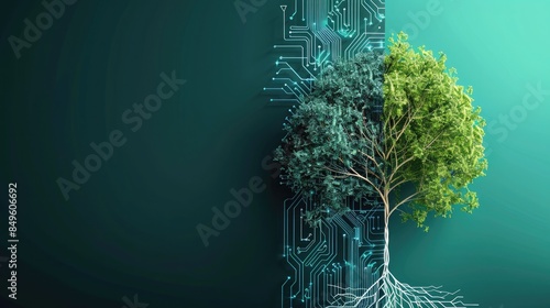 Digital circuits and organic leaves forming a balanced tree representing AI ethics fairness. Fairness in ai ethics