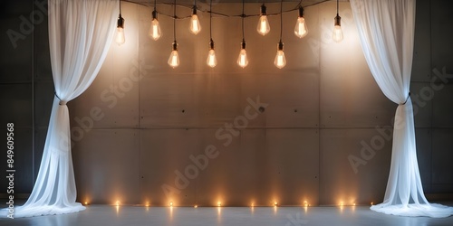 A concrete wall with bulbs and sheer panels, creating an industrial and intimate setting