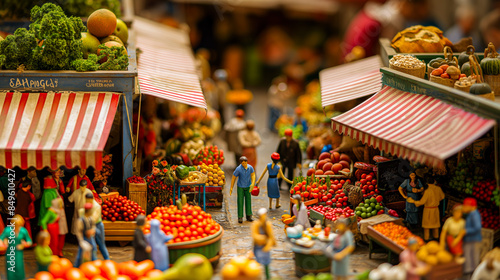 A group of diminutive figurines arranged in an outdoor market scene complete with stalls and fruit stands.