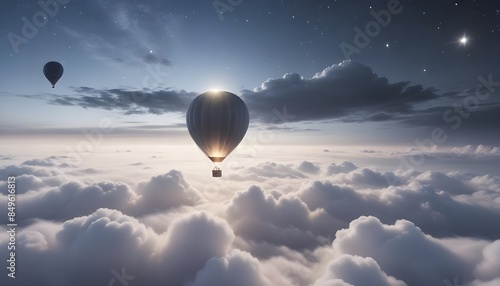 A hot air balloon flying high above the clouds with the stars in the night sky in the background