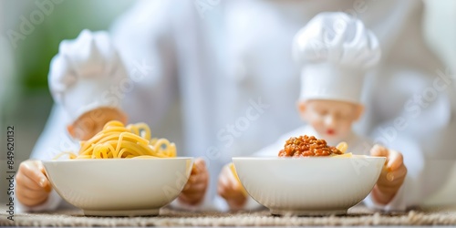 Miniature chefs cooking pasta bolognese. Concept Miniature Cooking, Pasta Bolognese, Mini chefs, Kitchen Play, Culinary Arts