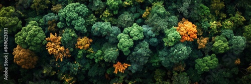 Aerial view of autumnal forest canopy. The vibrant contrast between green and orange trees highlights seasonal change, ideal for environmental themes and nature backgrounds.