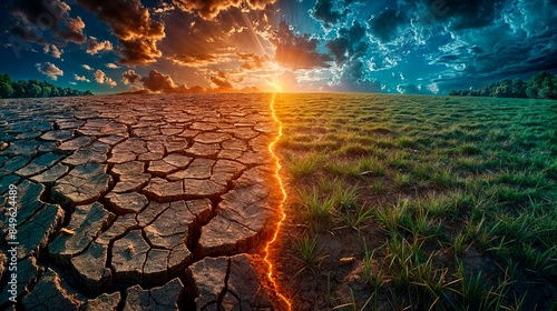 Dramatic landscape showing a stark contrast between cracked earth and lush grass under a vibrant sky. Ideal for environmental campaigns, educational content, and climate change awareness. 