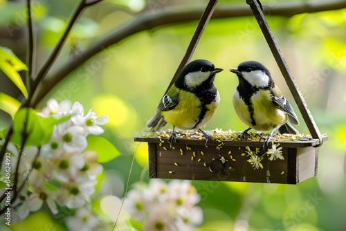 Two great tits enjoy a meal at a backyard bird feeder