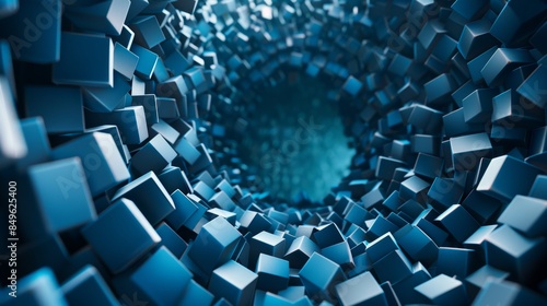 A blue and white image of a spiral made of cubes