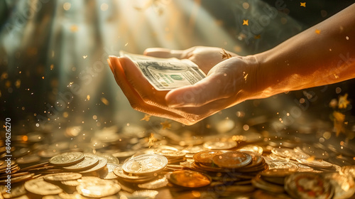 A hand holds a single dollar bill, radiating light and casting a golden glow on a bed of coins. The scene suggests a hopeful and prosperous future
