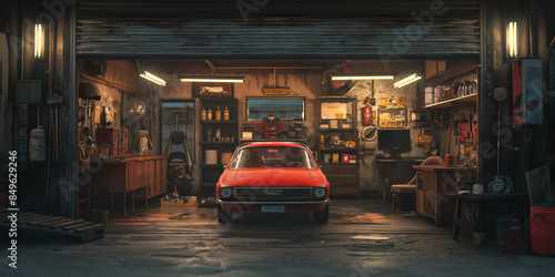 Vintage red car parked inside a cozy, well-organized garage workshop. The space is filled with tools, equipment, and automotive memorabilia, creating a nostalgic and industrious atmosphere.