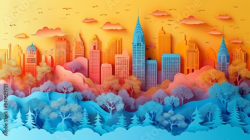 Colorful Paper Cut Style Vector of Boston Cityscape with Trees and Buildings