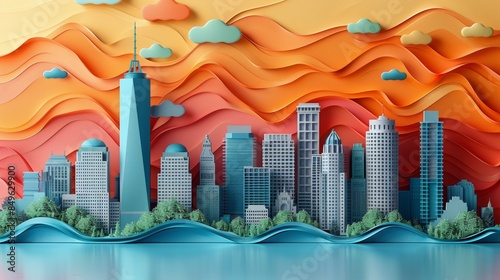 Colorful Paper Cut Style Vector Illustration of Boston City Skyline