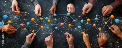 Several hands connecting abstract colorful nodes symbolizing networking and teamwork over a dark background