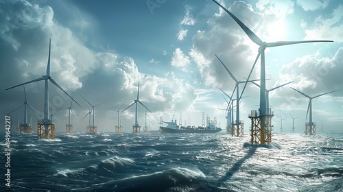 Giant wind turbines are being built in the sea near the Netherlands. A special ship is used to put the turbines in place.
