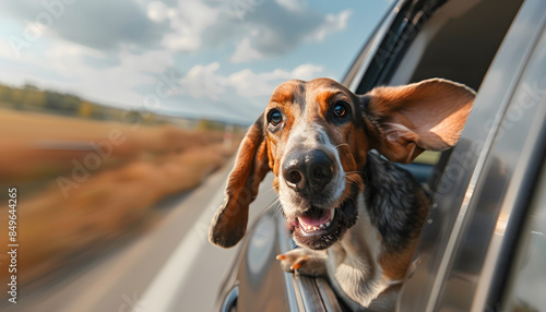 Charming dog Basset hound look out open car window. Funny dog blows by wind from open car window during trip. Curious puppy is watching happening outside car while driving on road. Concept traveling